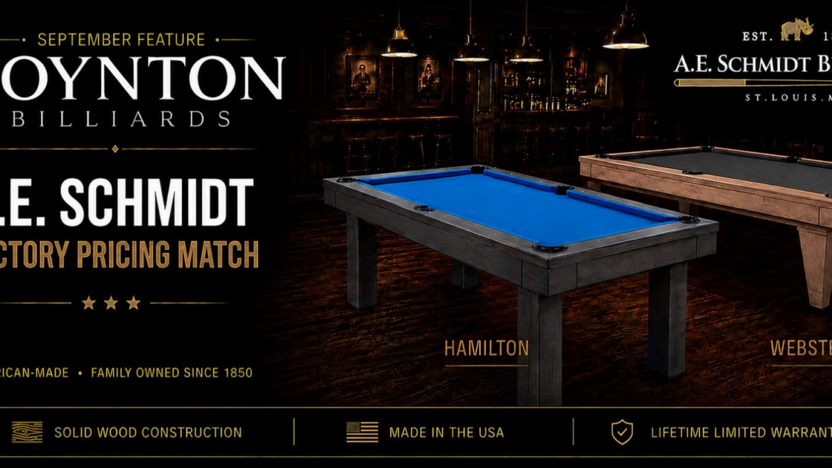 A.E. Schmidt pool tables with factory-match pricing at Boynton Billiards