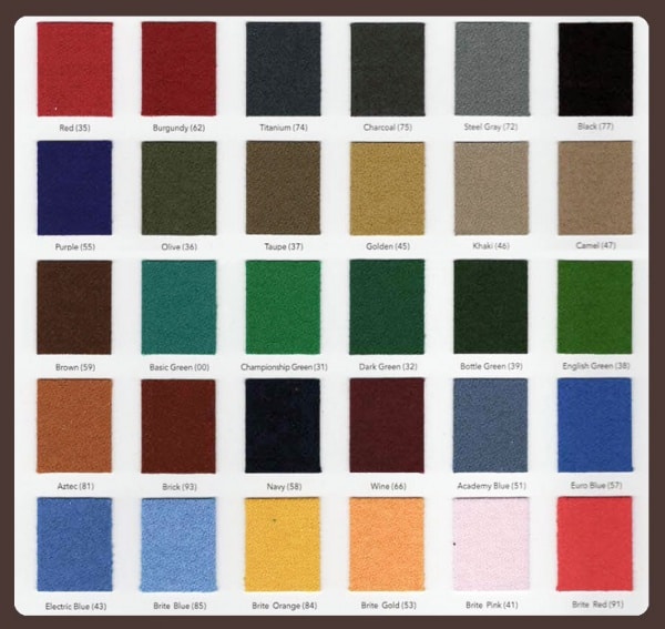 Felt Options & Room Chart for Pool Tables - Boynton Billiards