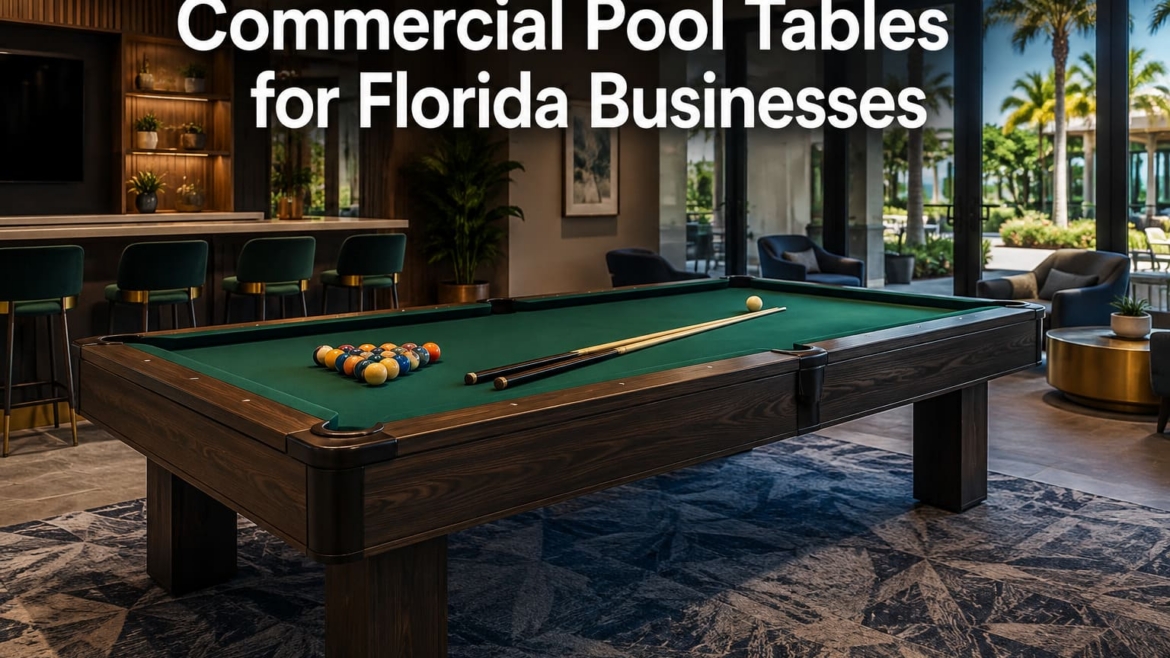 Commercial pool table installed in a Florida clubhouse game room