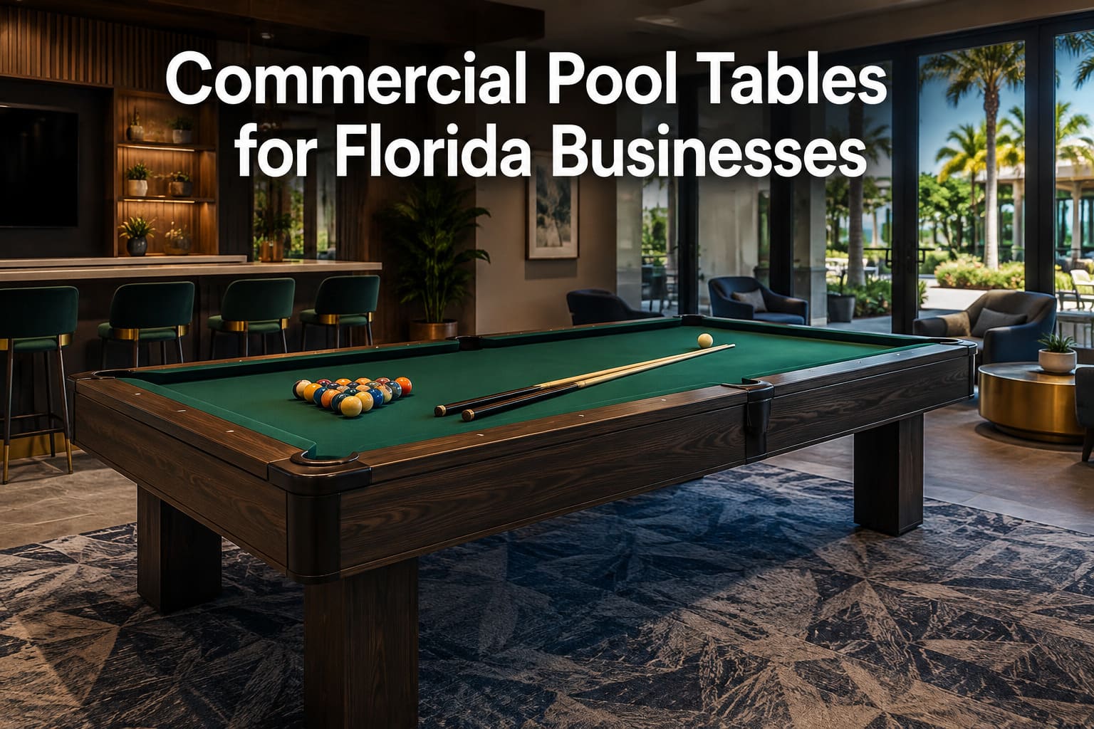 Commercial pool table installed in a Florida clubhouse game room