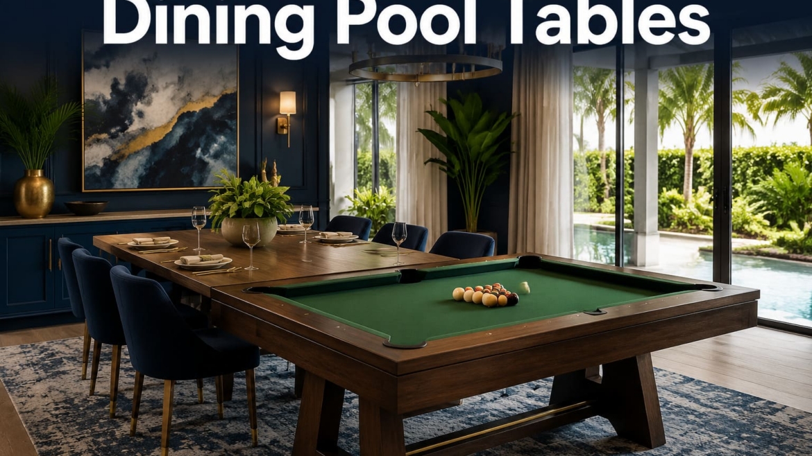 Convertible dining pool table changing from dining to billiards