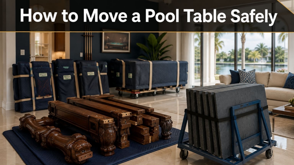 Professional movers disassembling a slate pool table safely