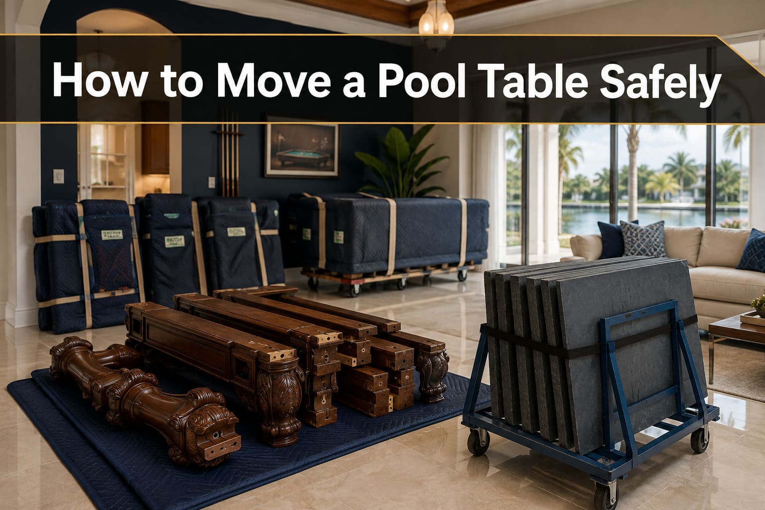 Professional movers disassembling a slate pool table safely