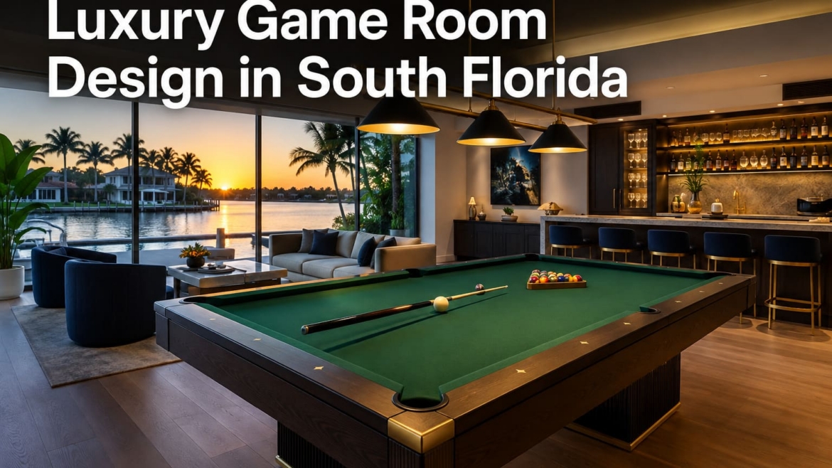 Luxury South Florida game room with pool table, seating, and bar