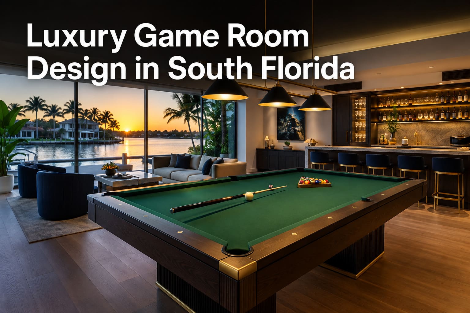 Luxury South Florida game room with pool table, seating, and bar