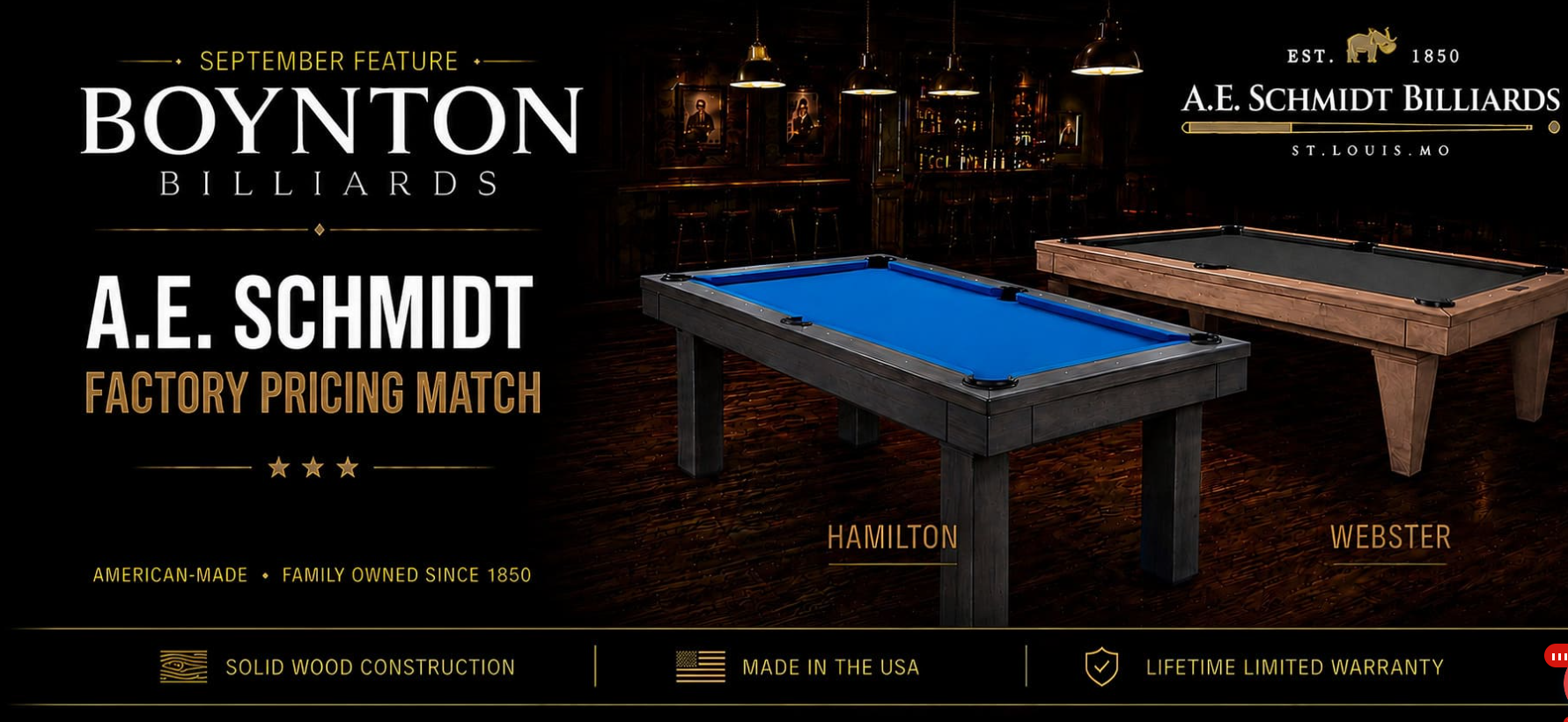 A.E. Schmidt pool tables with factory-match pricing at Boynton Billiards