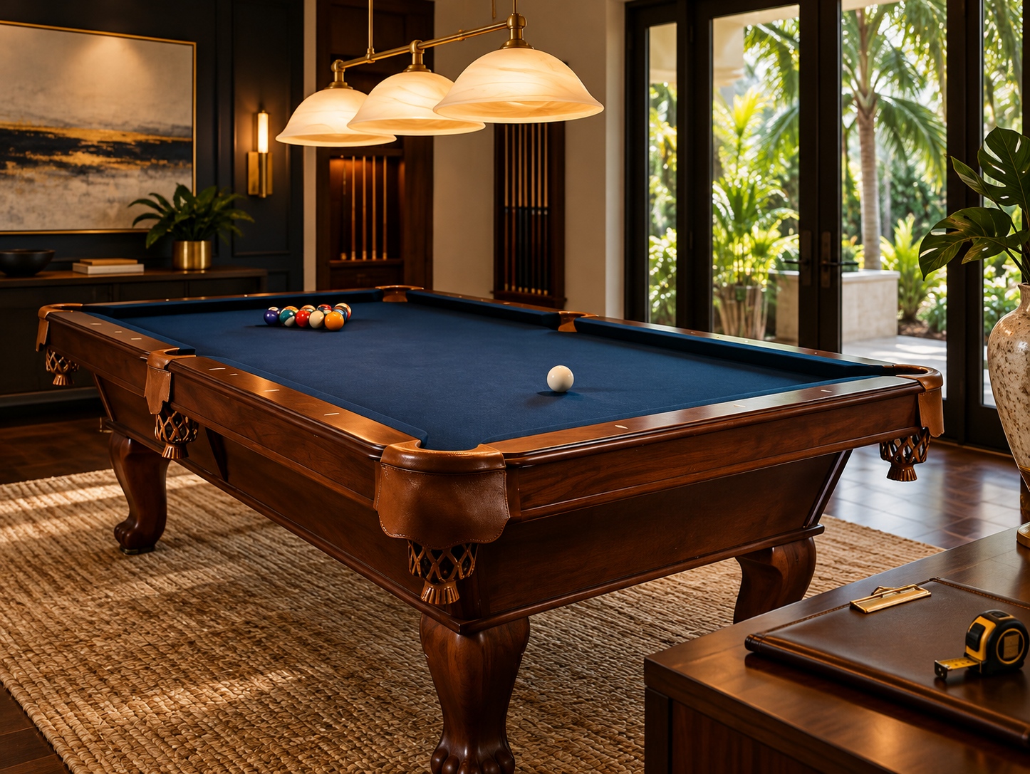 Walnut pool table with blue cloth in a warm home game room, with a clipboard and tape measure on a separate console.