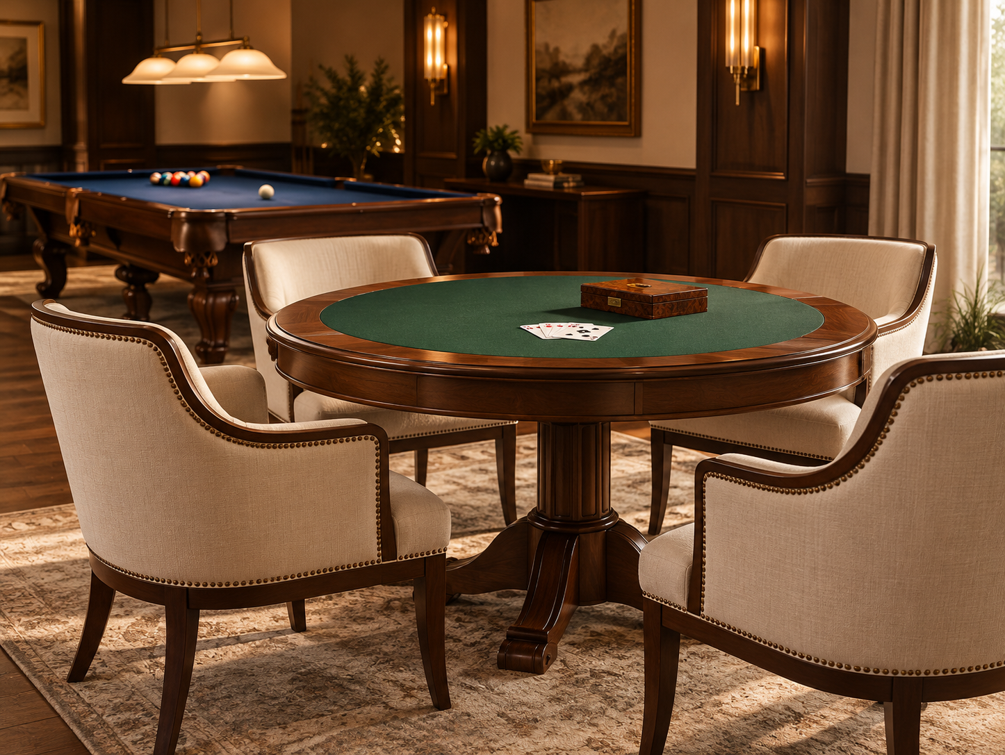 Round walnut game table with green playing surface and four cream upholstered chairs.
