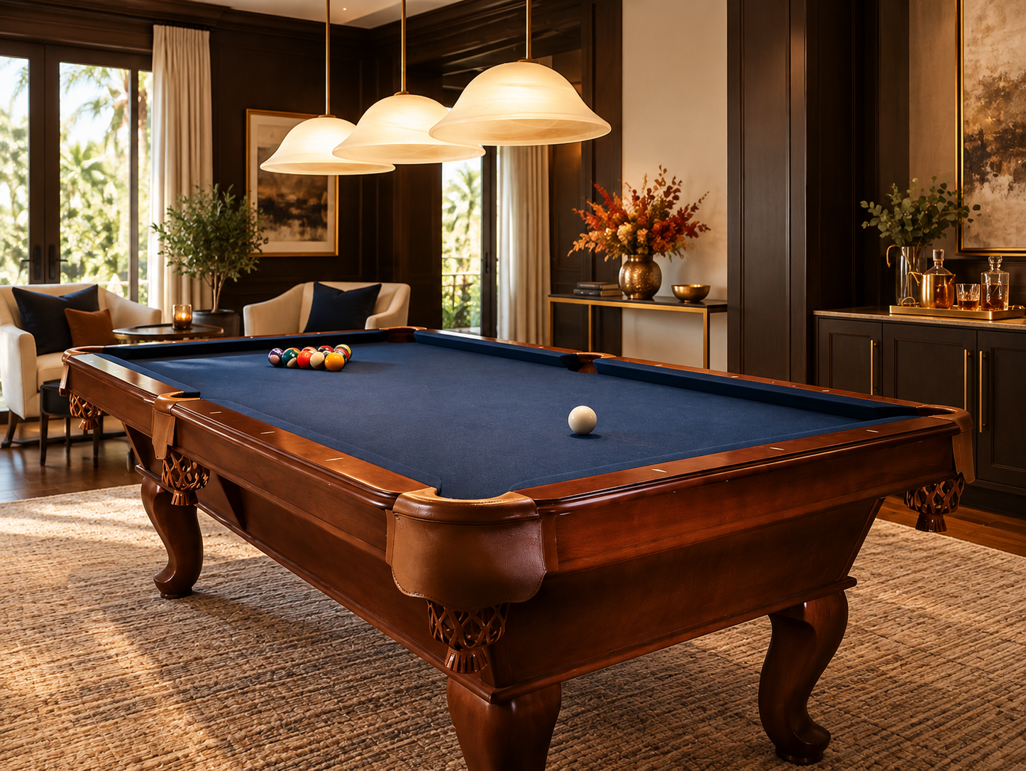 Inviting pool room with spectator seating and a separate sideboard decorated for autumn entertaining.
