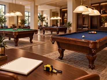 Conceptual billiards showroom with three wood pool tables and a notebook on a consultation desk.