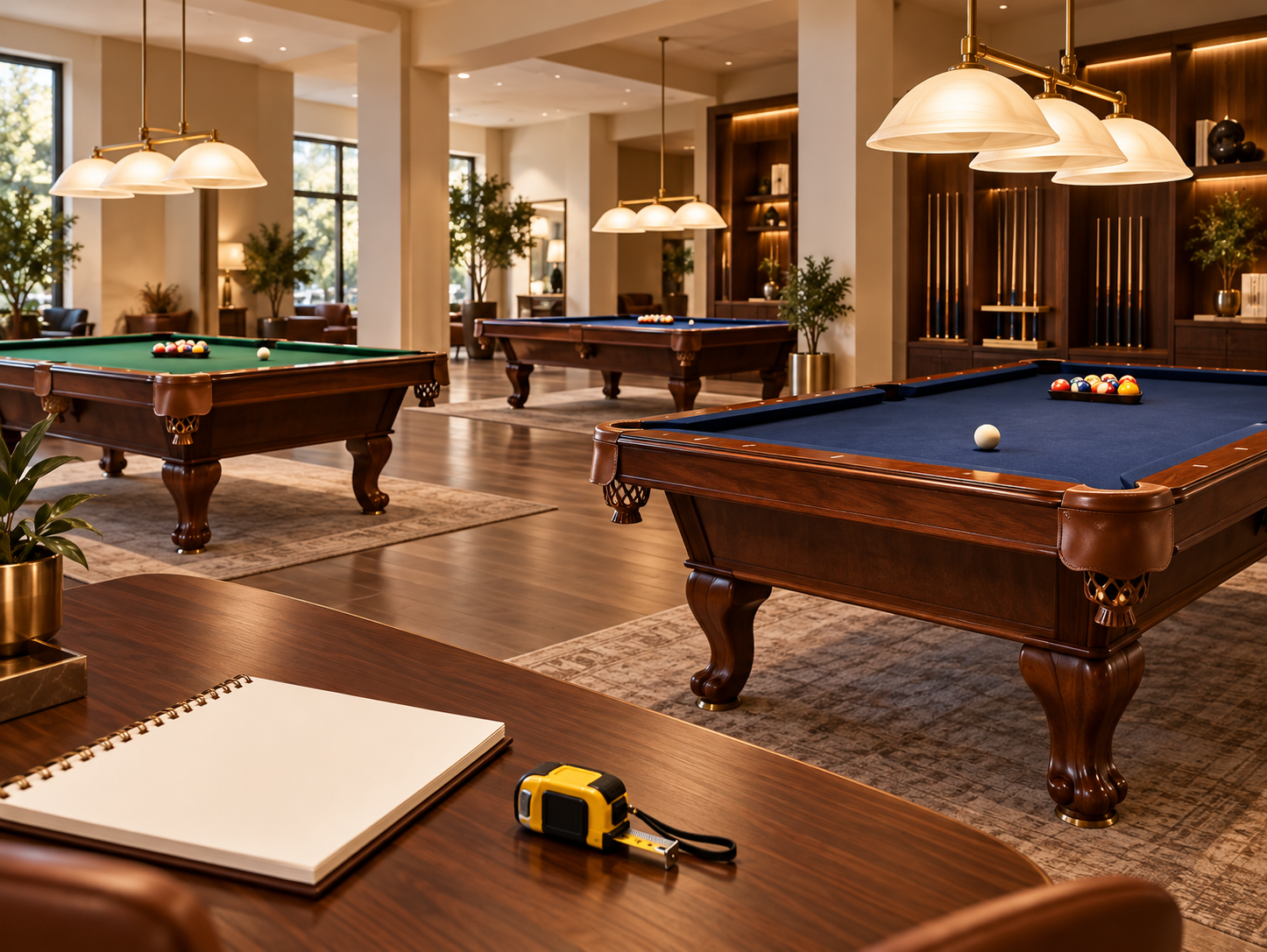 Conceptual billiards showroom with three wood pool tables and a notebook on a consultation desk.