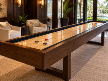 Long walnut shuffleboard table with maple playfield and metal pucks in a refined home game room.