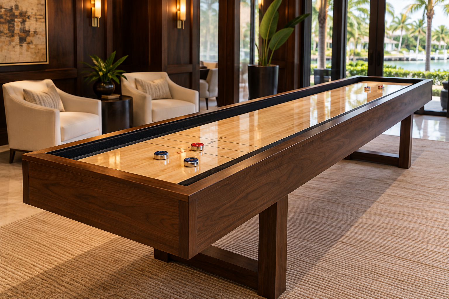 Long walnut shuffleboard table with maple playfield and metal pucks in a refined home game room.