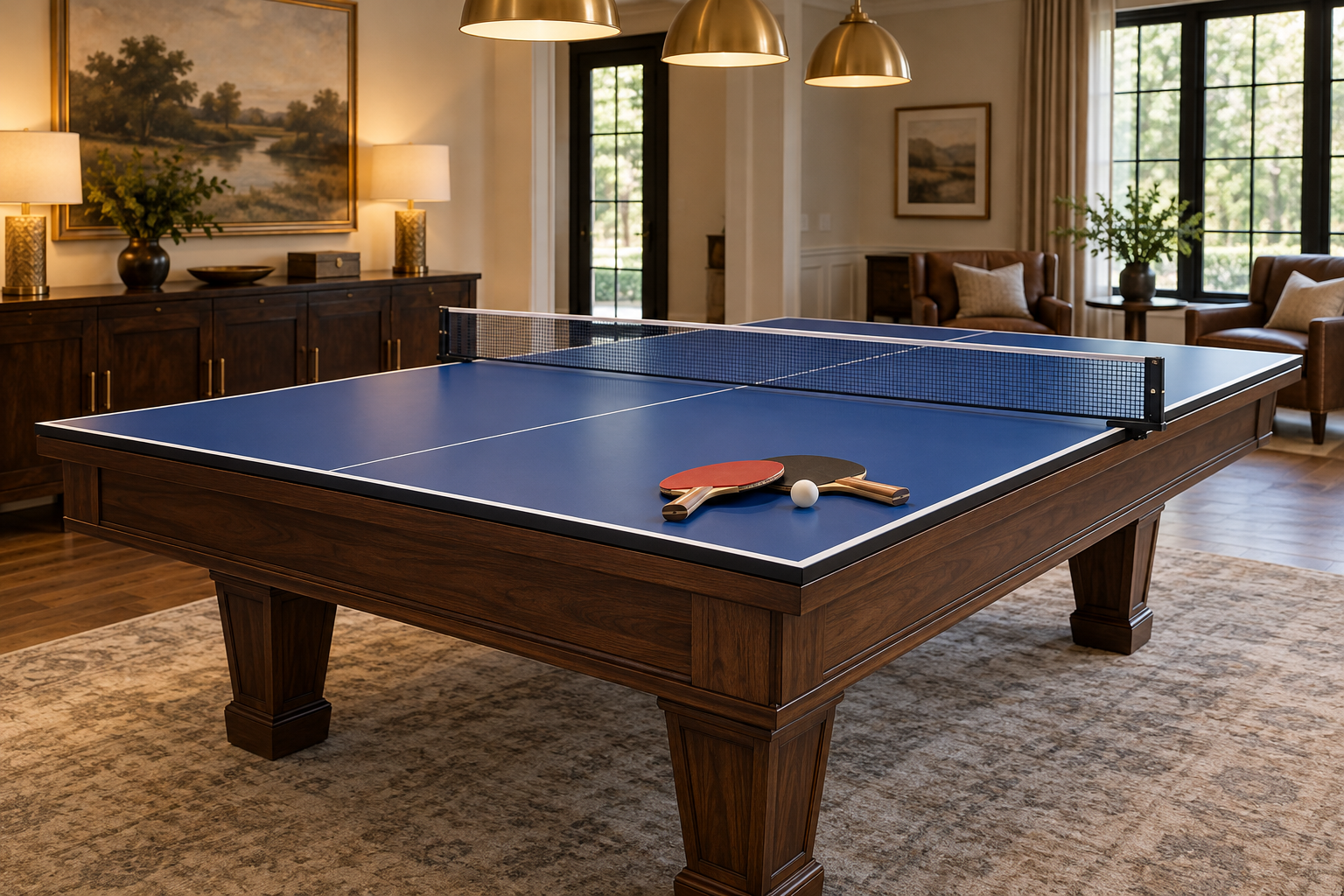 Blue table tennis conversion top and net over a wood pool table, with paddles and a ball.